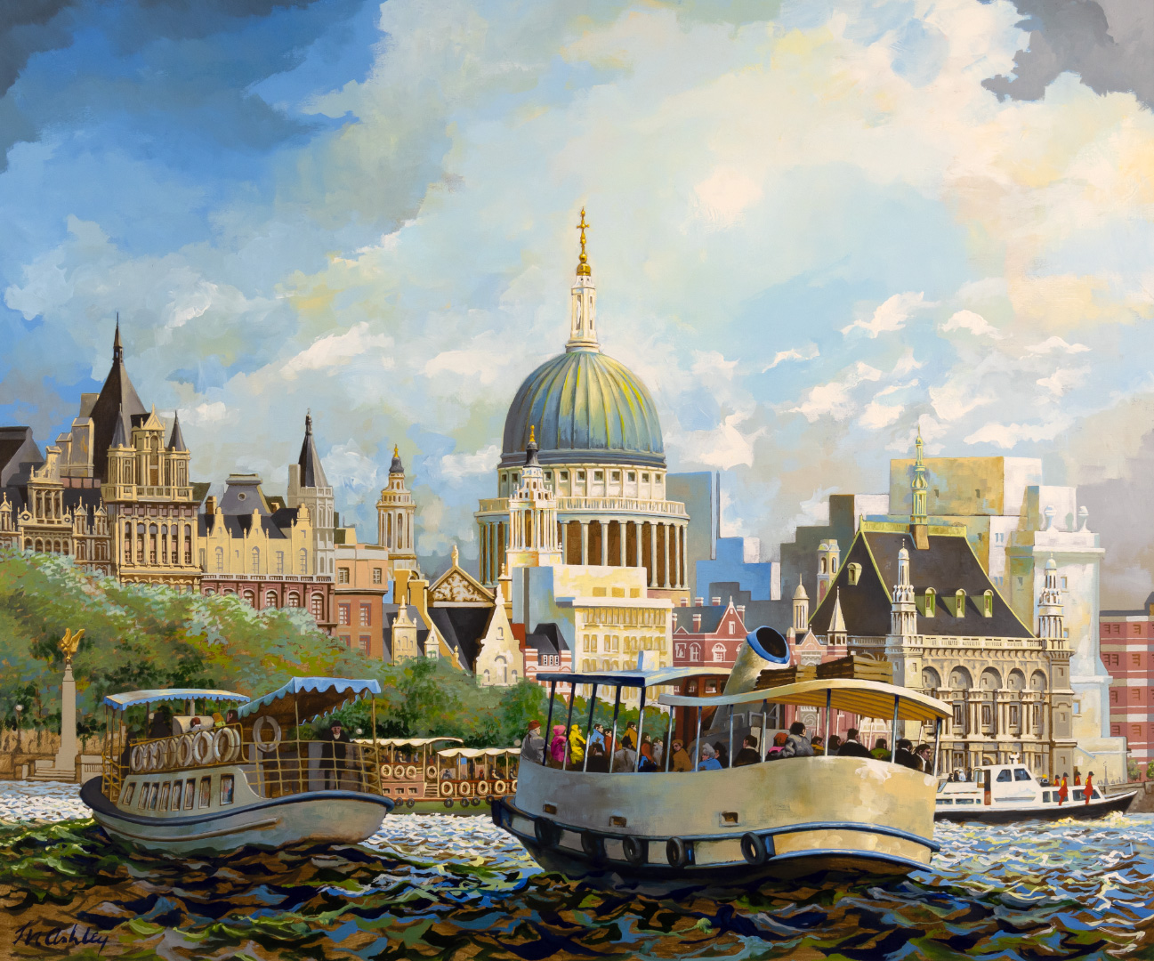 Frank Ashley (1920-2007) Sightseeing Launches and Royal Launch on Thames acrylic on canvas 40 x 48