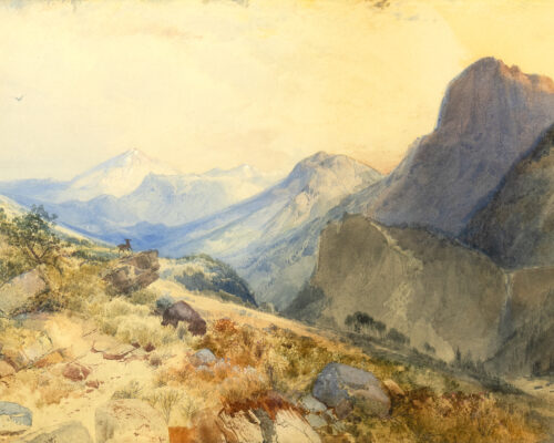 Thomas Moran (1837-1926) A Deer In A Mountain Landscape Watercolor And Pencil On Paper Mounted On Board 10 X 14